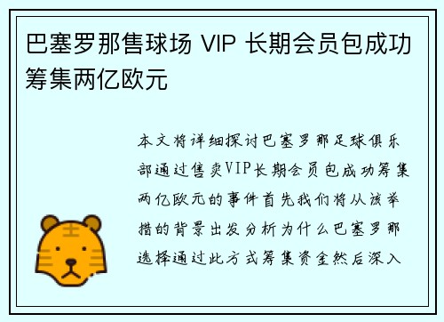 巴塞罗那售球场 VIP 长期会员包成功筹集两亿欧元